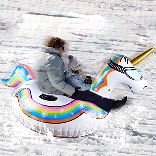 Glintoper Winter Snow Tube for Sledding, 49 Inch Inflatable Unicorn Snow Sled for Kids and Adults, Heavy Duty Snow Tubes with Strong Handles, Wear-Resistant Material & Thickening Freeze-Proof