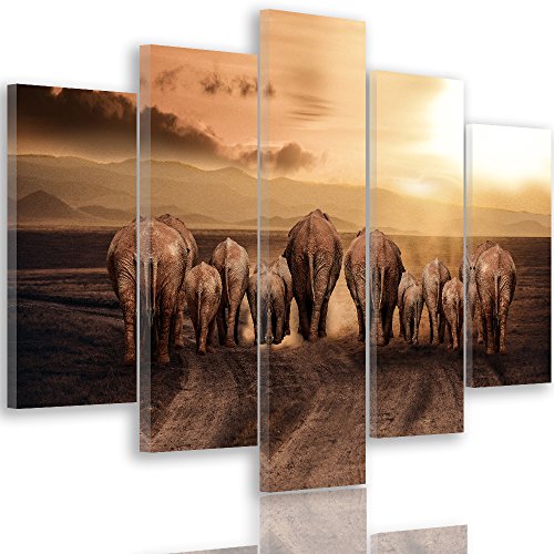 Feeby. Tableau Multi Panneaux - 5 Parties - Impression sur Toile, Décoration Murale, Image imprimée, Type A, 150x100 cm, ÉLÉPHANTS, Animaux, Afrique,...