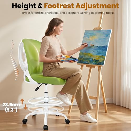 Image of Primy Drafting Chair Tall Office Chair with Flip-up Armrests Executive Ergonomic Computer Standing Desk Chair with Lumbar Support and Adjustable Footrest Ring (Green)