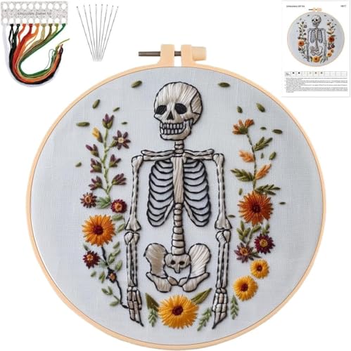 Image of Halloween Embroidery Kit,Halloween Cross Stitch Kit,DIY Embroidery Kits for Adults,Embroidery Kit for Beginners with Pattern,Cotton Threads,Needles,Instruction,20cm Hoop,for Decor Home Room(Skeleton)
