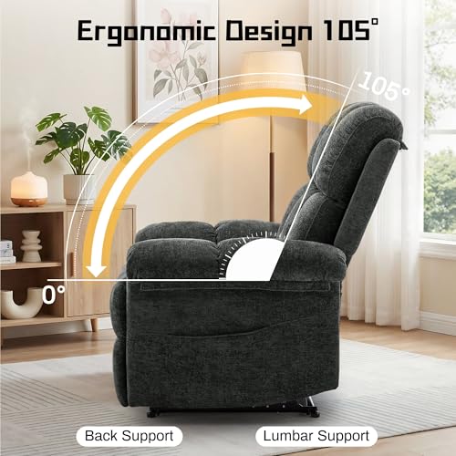 Image of Korser Recliner Chair, Living Room Recliner Chairs for Adults, Small Recliners for Small Spaces, Upholstered Manual Recliner with Side Pockets, Comfy Nursery Chair for Living Room, Chenille, Black