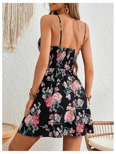 Image of Floerns Women's Boho Floral Print Sleeveless Sundress Ruched Bust Flare Hem Vacation Cami Short Dress