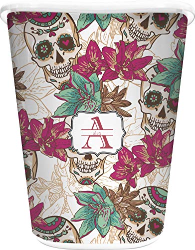 RNK Shops Personalized Sugar Skulls & Flowers Waste Basket - Double Sided (White)