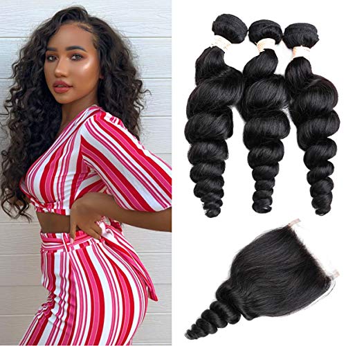 Beauhair Brazilian Loose Wave 3 Bundles with Lace Closure (18 20 22 with 16inch)4x4 Free Part Virgin Human Hair 8A 100% Unprocessed Loose Deep Wave Human Hair Hair Extensions Natural Color