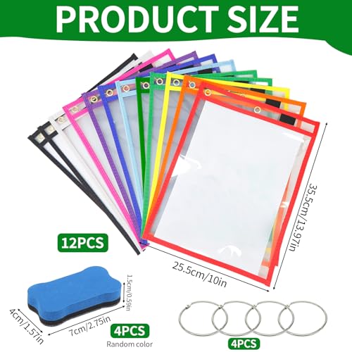 12 Stück Dry Erase Taschen, Abwischbare Durchsichtige Tasche Wiederverwendbare A4 Trocken mit 4 Radiergummis und 4 Edelstahl Ringe für Büro Schul Home