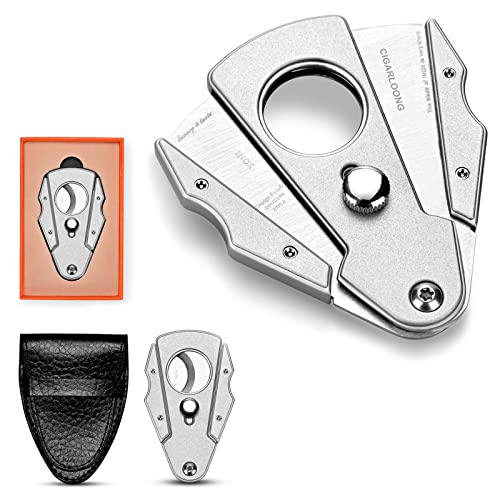 CIGARMALL Cigar Cutter Stainless Steel, Double Sharp Blade Safe Cut Cutter, Lock Leather Protective Cover Guillotine with Gift Box(Silver)