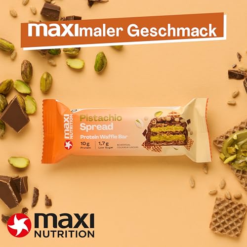 MaxiNutrition Pistachio Spread Protein Waffle Bar, 26% Eiweiß, 199 kcal, (12 Eiweißriegel x 39g), Ohne Zuckerzusatz