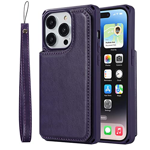 Image of Cavor for iPhone 14 Pro Case with Card Holder,iPhone 14 Pro Wallet Case for Women Men,Phone Case for iPhone 14 pro with Stand Credit Card Holder, Leather Strap Shockproof Cover- Dark Purple