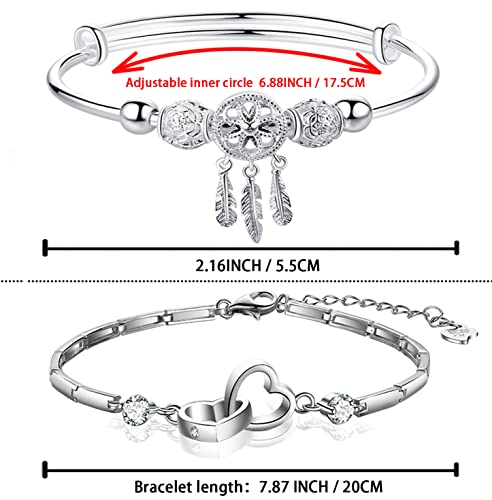925 Sterling Silver Double Love Heart Crystals Bracelet For Women And Silver Dream Catcher Tassel Feather Bracelet Round Beads Charm Bracelet Transfer Lucky Cuff Adjustable Fashion Women Jewelry Girls Bangle Bracelets For Jewelry Friendship Mother's Day Gift (2Pcs) #TOP1