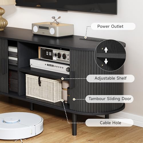 Image of 55 inch TV Stand with Power Outlet, Modern Media Console with Sliding Doors, Entertainment Center for TVs up to 60 Inch, Adjustable Shelves, Black