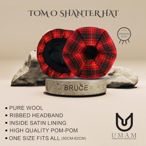 Image of Scottish Tam O' Shanter Hat Tartan Bonnet Pom Pom Wool Flat Cap One Size