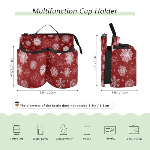 Image of Luggage Cup Holder for Suitcases Free Hands Suitcase Cup Holder Travel Luggage Drink Holder Portable Luggage Cup Caddy Bag Carrier with Handle Red Christmas Snowflakes