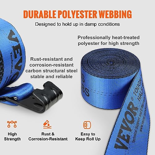 VEVOR Truck Straps, 4" x30' Heavy Duty Tie Down w/Flat Hooks 18,000lbs Break Strength, WLL# 6000lbs, Cargo Straps Tie Down for Flatbeds, Trucks, Trailers, Farms, Rescues, Tree Saver, Blue(10 Pack)