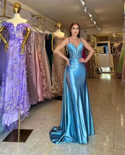 Mermaid Prom Dresses for Women Sparkly Lace Satin Corset Long Evening Formal Dress with Slit2