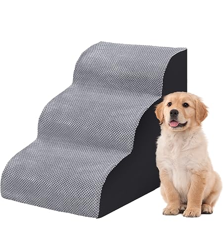 Fellie Non-Slip Pet Steps for Small Dogs & Cats, 3-Step High Density Foam Dog Ramp, Washable Cover, Grey, 40x59x40cm