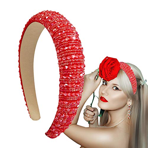 LOKFAR Velvet Adult Headbands for Women Thin Rhinestone Beaded Headband Jeweled Headband, Fashion Glitter Bedazzled Headband Crystal Embellished Hair Hoop Trendy Wedding Headband for Girls (1 Red)