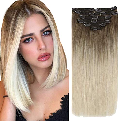 VeSunny 20inch Clip In Hair Extensions Brazilian Human Hair Real Hair Light Brown Balayage Blonde #8A/60 for Women for Full Head 7pcs 100G