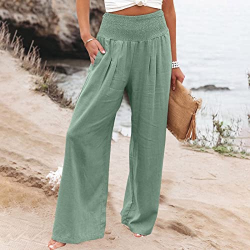 Flowy Linen Pants for Women Summer Casual High Waist Plus Size Wide Leg Yoga Beach Lounge Trousers Palazzo Pants2