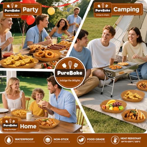 Image of PureBake 100 Pcs Air Fryer Paper Sheets, Disposable Paper Liner, Parchment Paper for Airfryer & Microwave, Oil Proof for Frying, Baking, Cooking, Roasting (Square, 8 Inch)