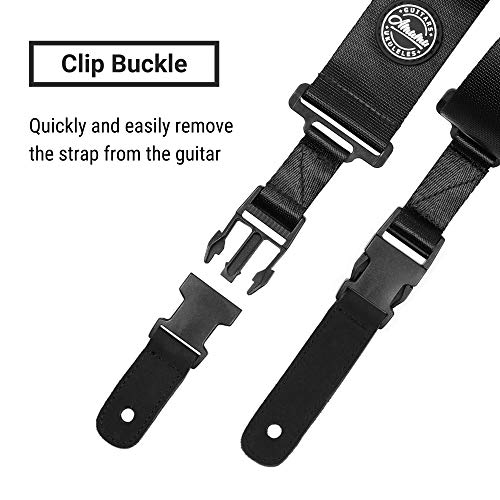 Amumu Seatbelt Guitar Strap With Clip Black Nylon For Acoustic Guitar Electric Guitar And Bass Guitar Include Strap Blocks & Headstock Strap Tie - 2" Wide #TOP1