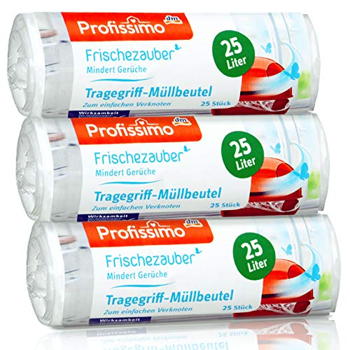 Bolsas de basura Profissimo con asa, 25 litros, 75 unidades, 3 unidades (3 x 25 unidades), reduce los olores, resistentes a la rotura y a los líquidos