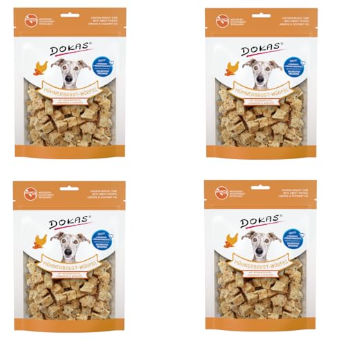 Dokas Hühnerbrust-Würfel mit Süßkartoffel, Leinsamen & Kokosöl | 4er Pack | 4 x 150 g | Gefriergetrockneter Snack für Hunde | Besonders reich an hochwertigen Proteinen