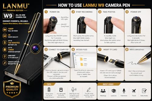 Image of LANMU 2026 Model Ultra-Micro 4K Full HD Spy Pen Camera I Hidden Security Camera with Audio & Video Recording, Long Battery Backup up to 100mins, Supports Micro SD