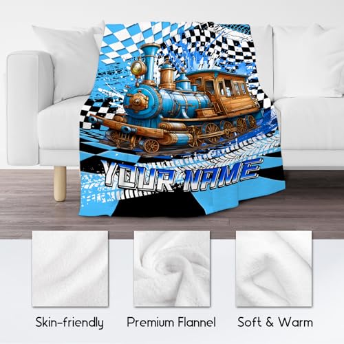 Kids Blanket, Train Blanket for Boys, Personalized Name Gifts for Child, Custom Cozy Flannel Car Throw for Bedroom & Living Room, 60"x80"