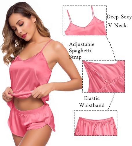 Image of SWOMOG Womens Silk Satin Pajamas Sets 4pcs Sleepwear Sexy Cami Shorts Set and Button Down Short Sleeve Pjs Loungewear Coral Red Medium