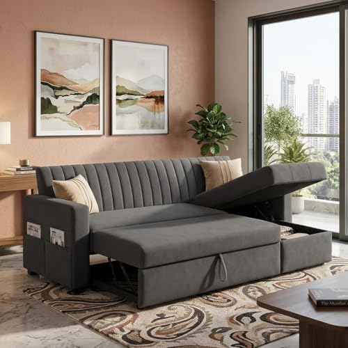 Image of CASASTYLE Kyagar 4 Seater RHS L Shape Sofa with Pull Out Bed & Storage Lounger | Premium Soft Velvet Suede Fabric | Comfort Cushions | Ideal for Living Room, Hotel & Office (Dark Grey)