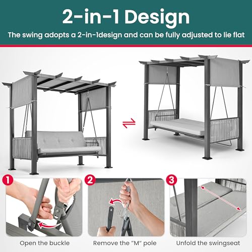 PAMAPIC-3-Seat-Patio-Swing-ChairOutdoor-Patio-Swing-Bed-with-Adjustable-CurtainsPorch-Swing-Bed-for-Balconies-Gardens-and-PoolsideGrey PAMAPIC 3 Seat Patio Swing ChairOutdoor Patio Swing Bed with Adjustable CurtainsPorch Swing Bed for Balconies Gardens and PoolsideGrey