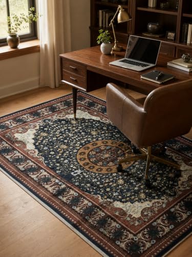 Image of CASA-NEST Velvet Touch Area Rug (4x6 ft), Ultra Soft Anti-Skid Backing, Washable Large Floor Carpet for Living Room - Royal Navy Medallion