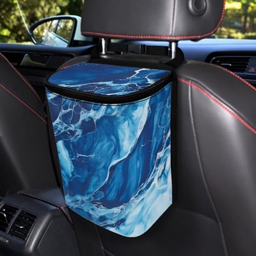 Image of Car Trash Bag with Lid - Collapsible, Waterproof Car Organizer and Storage Accessory for Women, Dark Blue Marble Print