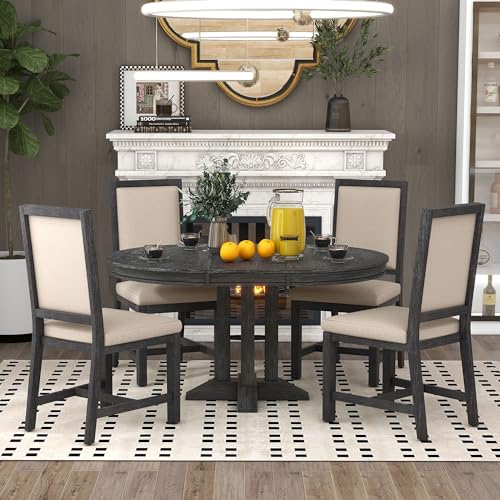 Image of 5-Piece Extendable Dining Table Set, Farmhouse Kitchen Table for 4 6 People with Removable Middle Leaf and 4 Cross Back Chairs, Round Dining Table for Kitchen, Dining Room, Black