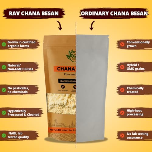 Image of Rav Organics Certified Organic Chana Besan (Bengal Gram Flour) | Stone-Ground & Unrefined Chana Atta| Pesticide Free Fine Chana Dal Flour | 100% Natural, Non-GMO | No Chemicals or Preservatives | 800 g Pouch
