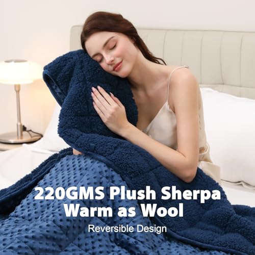 Image of Minky Dot Weighted Blanket for Adults Queen Size 15 lbs, Soft Cozy Heavy Blanket for Stress Relief and Sleep Promotion, Warm Blanket for Autumn Winter with Glass Beads, Navy Blue 60 x 80 inches