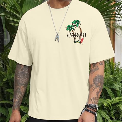 Hawaiian T-Shirt for Men:Men’s Tropical Beach Palm Trees Shirt Casual Vintage Beach Tee2
