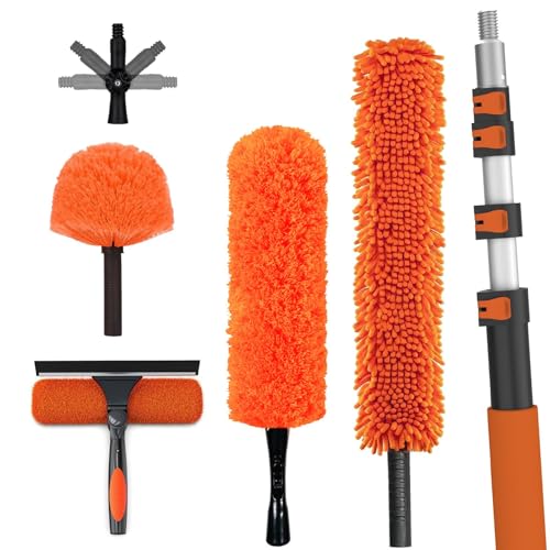 LAANPOLE 26FT High Reach Duster Cleaning Kit with Extension Pole, High Ceiling Fan Cleaner Duster Tool for Fan Blades, Window Washing Kit with Microfiber Feather Duster & Window Squeegee