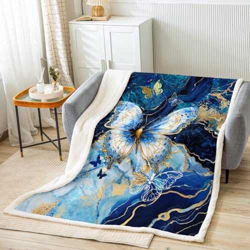 Pretty Butterfly Sherpa Blanket Blue Gold Fleece Throw Blanket for Kids Boys Girls Decor Animal Plush Blanket Microfiber Stripe Line Fuzzy Blanket for Sofa Bed Couch Bedroom,Twin 60x80 Inches