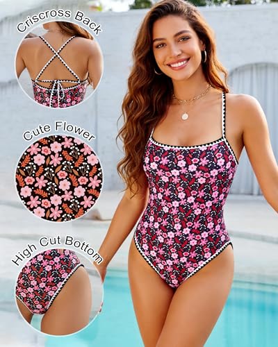 Image of Jolefille Womens One Piece Swimsuit Tummy Control Modest Bathing Suit Teen Girls Swim Suit Cute Floral Swimwear