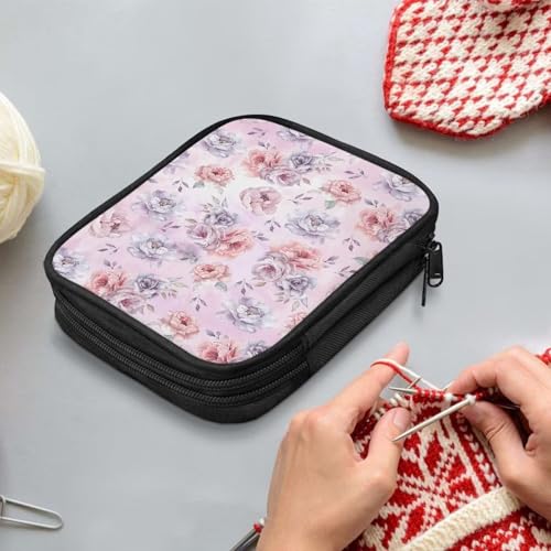 Image of Floral Crochet Hook Case with Web Pockets Leaves Knitting Needle Storage Portable Crochet Storage Organizer for Crochet Hooks, Knitting Needles,Knitting Crochet Supplies