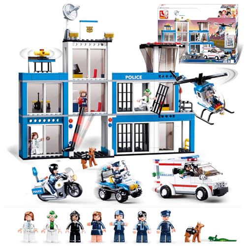 City Police Station Building Set, Headquarters Station, 4 Car Sets, Motorcycle, Police Helicopter, City Ambulance, Cop Patrol, 8 Police Minifigures, Compatible with Lego City 6-12 Boys Girls, 606pcs -  Sluban, HK01-0027-B0660