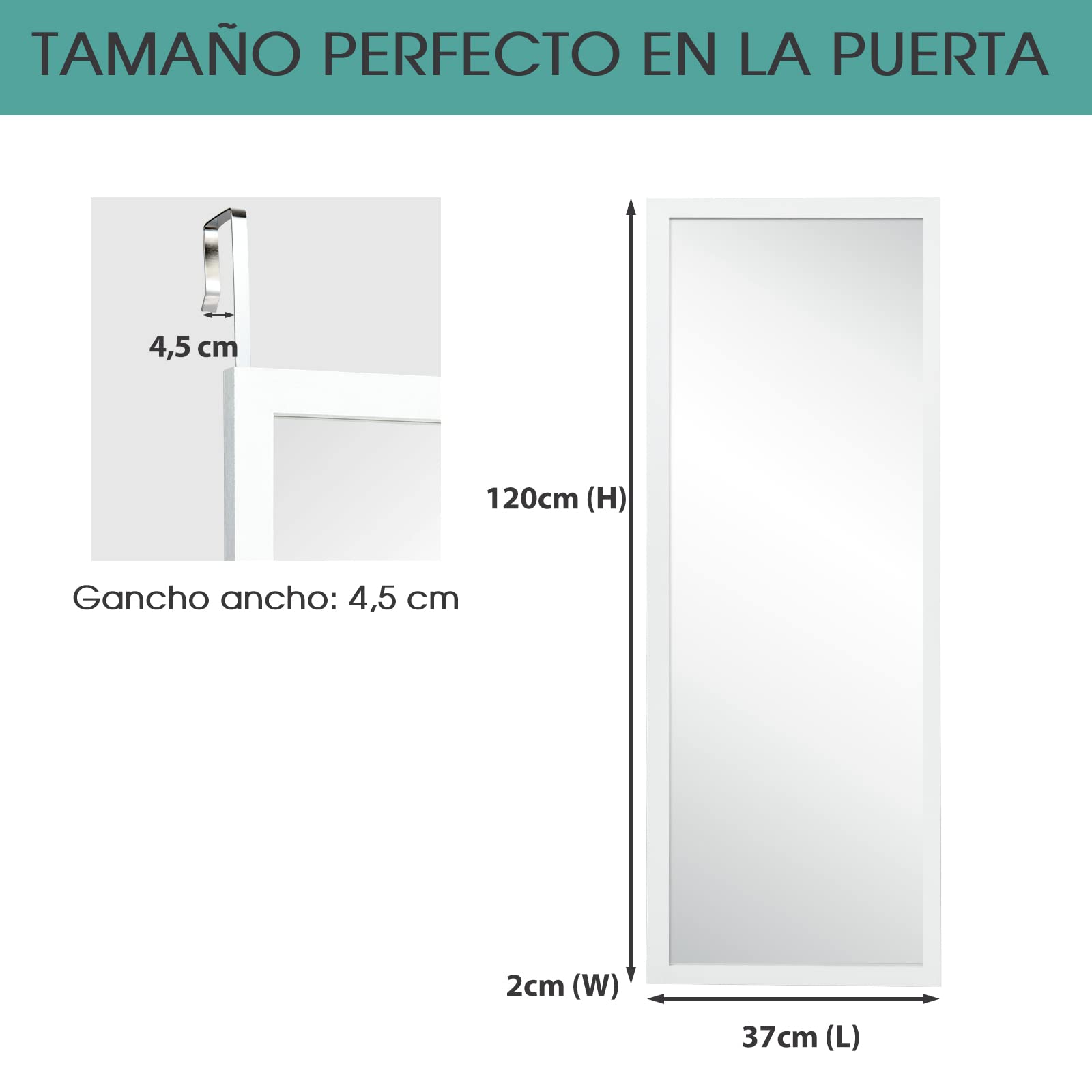 COSTWAY Espejo de Cuerpo Completo en Puerta o Pared 120 x 37 cm con Ganchos (Blanco)