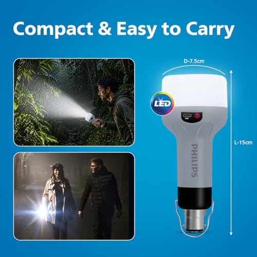 Image of Philips Zenith 9W Portable Emergency Torch Light | LED Bulb, B22 Base | Up to 7 Hours Backup, Type-C & AC Charging, Lithium-Ion Battery, Includes Hanging Hook (Grey) | Cool Day Light, Pack of 1
