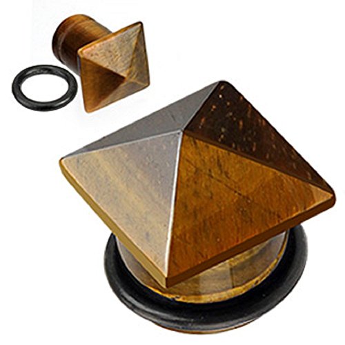 The Madd Hatter Organic Tiger's Eye Precious Stone Pyramid TOP Single Sided Flare with O-Ring Plugs (1 Pair) (9/16" (14mm))