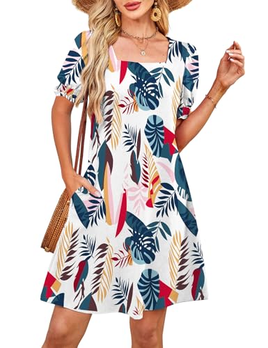 Image of RUMIA Summer Dresses for Women 2025 Casual Cute Square Neck Puff Short Sleeve Dress with Pockets
