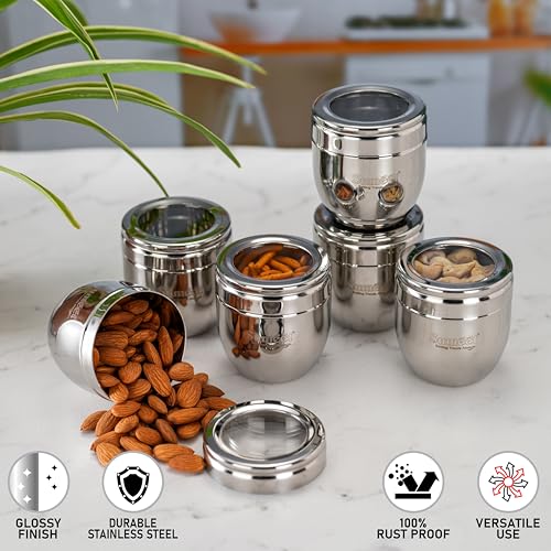 Image of Sumeet Stainless Steel Conical Shape Canisters /Dabba /Storage Containers for Kitchen with See Through Lid, Set of 6 Pcs, 250ml Each, 7cm Dia, Silver