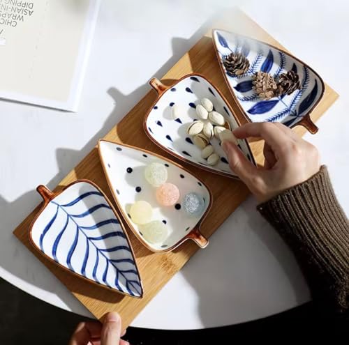 Image of Beyond Homes Ceramic Serving Platters | 4 Leaf-Shaped Platter Plates with Wooden Tray Set for Serving | Hand Painted Dry Fruits Serving Tray | Appetizer Serving Dishes for Kitchen (White & Blue)