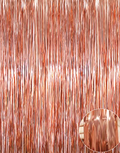 Image of GOER 3.2 ft x 9.8 ft Metallic Tinsel Foil Fringe Curtains for Party Photo Backdrop Wedding Decor (3 Packs, Rose Gold)