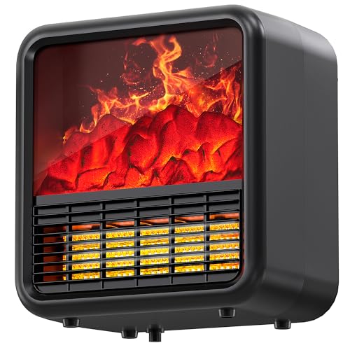 Riseon Small Fireplace heater for Indoor use with Realistic 3D Flame, Space Heater with Thermostat, 1500W/750W PTC Ceramic Heating, Tip-Over Safety Switch, Black